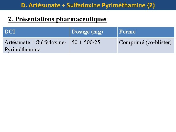 D. Artésunate + Sulfadoxine Pyriméthamine (2) 2. Présentations pharmaceutiques DCI Dosage (mg) Artésunate +