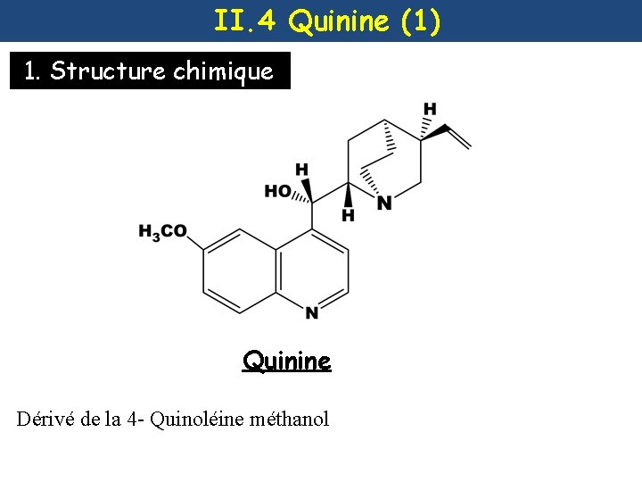 II. 4 Quinine (1) 1. Structure chimique Quinine Dérivé de la 4 - Quinoléine