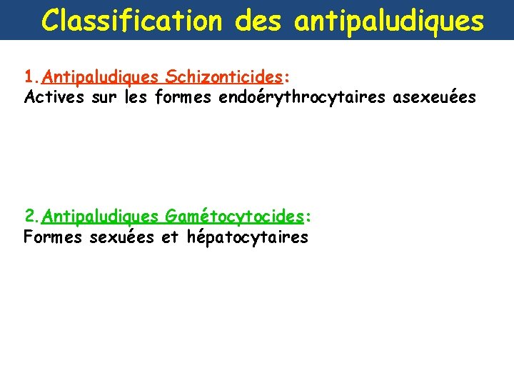 Classification des antipaludiques 1. Antipaludiques Schizonticides: Actives sur les formes endoérythrocytaires asexeuées 2. Antipaludiques