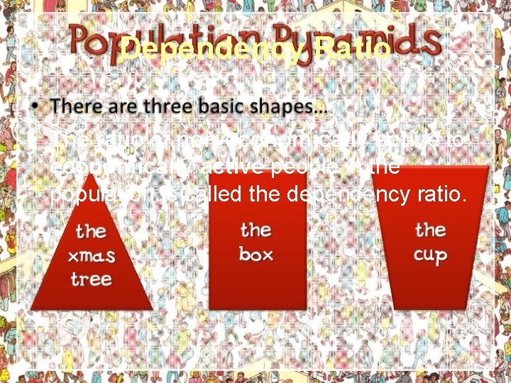 Dependency Ratio • The ratio of non-economically active to economically active people in the