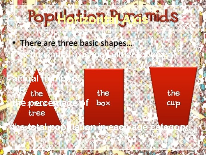 Horizontal Axis The horizontal axis may either represent actual numbers OR the percentage of