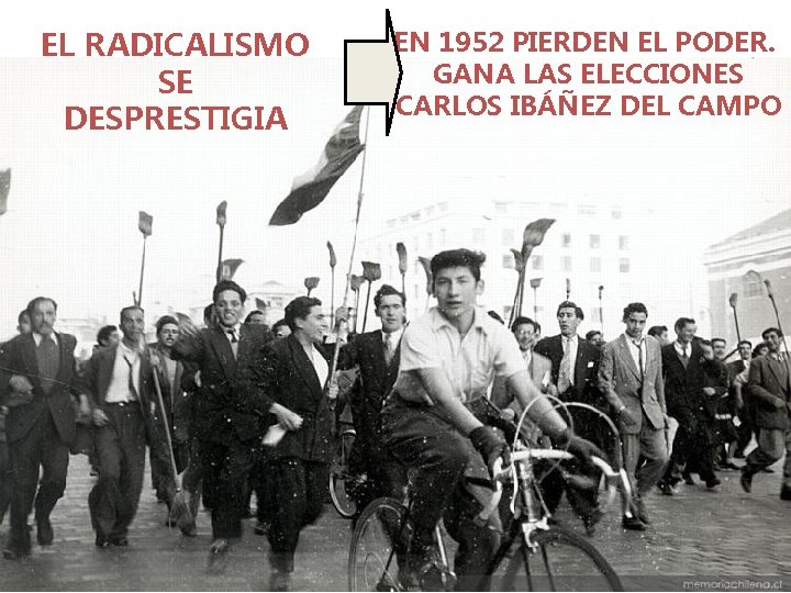 EL RADICALISMO SE DESPRESTIGIA EN 1952 PIERDEN EL PODER. GANA LAS ELECCIONES CARLOS IBÁÑEZ