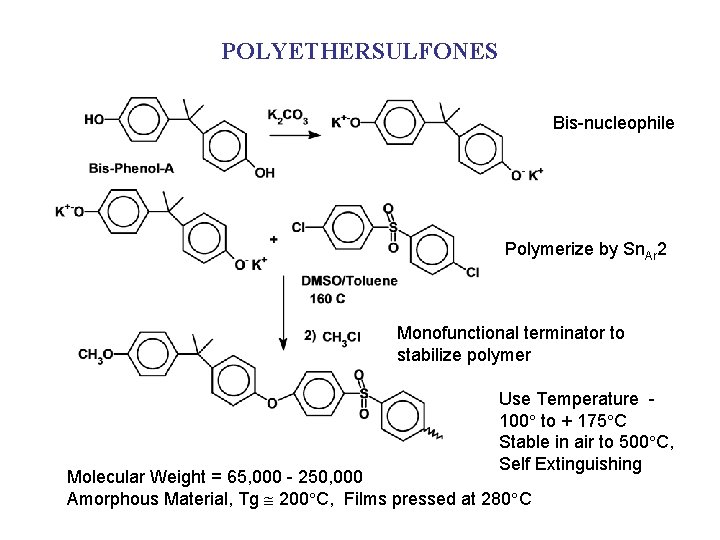 POLYETHERSULFONES Bis-nucleophile Polymerize by Sn. Ar 2 Monofunctional terminator to stabilize polymer Use Temperature