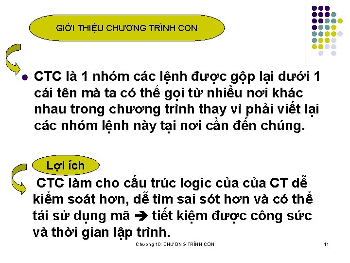 GiỚI THIỆU CHƯƠNG TRÌNH CON l CTC là 1 nhóm các lệnh được gộp