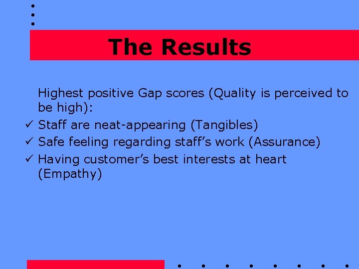 The Results Highest positive Gap scores (Quality is perceived to be high): ü Staff