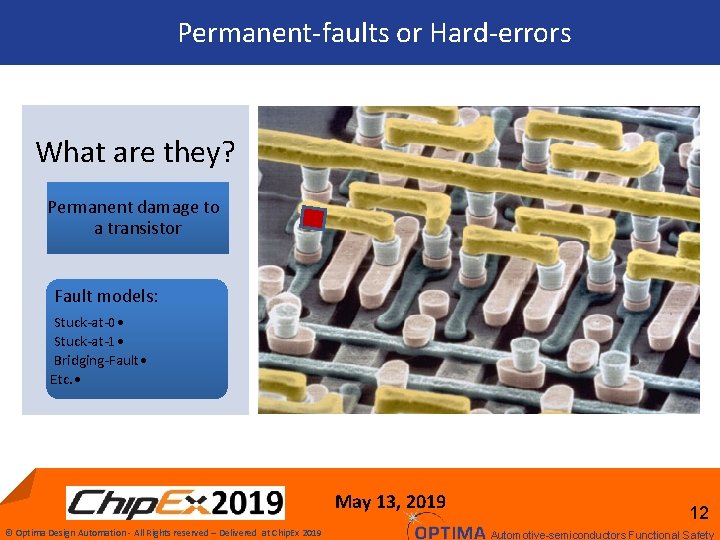 Permanent-faults or Hard-errors What are they? Permanent damage to a transistor Fault models: Stuck-at-0