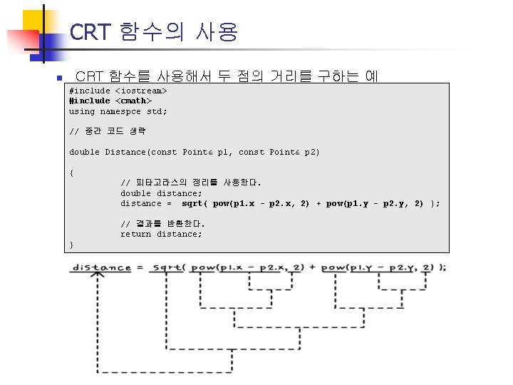 CRT 함수의 사용 CRT 함수를 사용해서 두 점의 거리를 구하는 예 n #include <iostream>