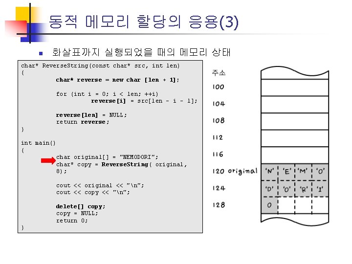 동적 메모리 할당의 응용(3) n 화살표까지 실행되었을 때의 메모리 상태 char* Reverse. String(const char*