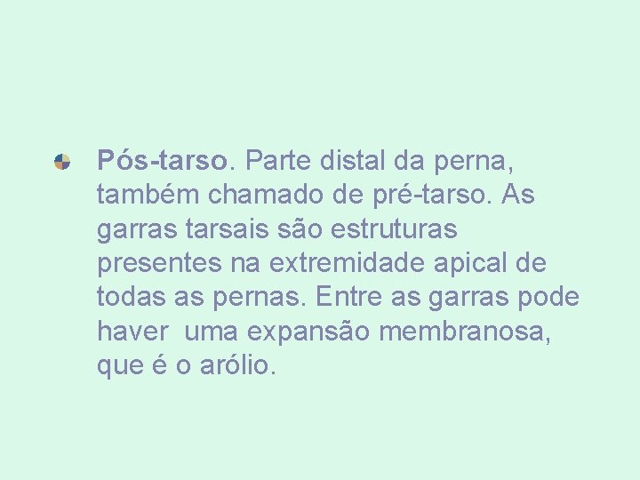 Pós-tarso. Parte distal da perna, também chamado de pré-tarso. As garras tarsais são estruturas Pós-tarso. Parte distal da perna, também chamado de pré-tarso. As garras tarsais são estruturas