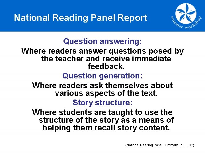 National Reading Panel Report Question answering: Where readers answer questions posed by the teacher