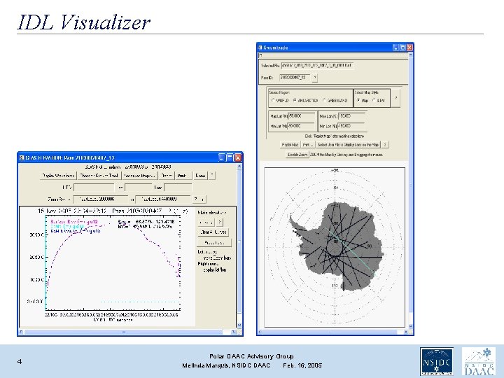 IDL Visualizer 4 Polar DAAC Advisory Group Melinda Marquis, NSIDC DAAC Feb. 16, 2005 IDL Visualizer 4 Polar DAAC Advisory Group Melinda Marquis, NSIDC DAAC Feb. 16, 2005
