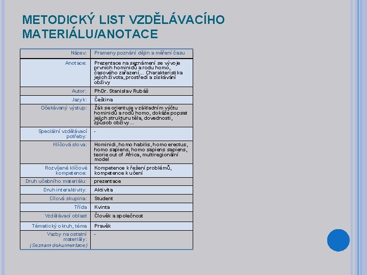 METODICKÝ LIST VZDĚLÁVACÍHO MATERIÁLU/ANOTACE Název: Prameny poznání dějin a měření času Anotace: Prezentace na