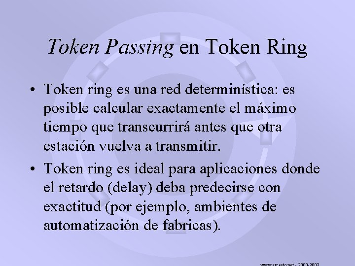 Token Passing en Token Ring • Token ring es una red determinística: es posible