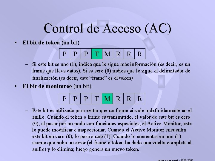 Control de Acceso (AC) • El bit de token (un bit) P P P