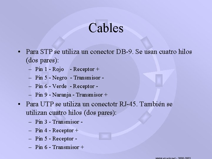 Cables • Para STP se utiliza un conector DB-9. Se usan cuatro hilos (dos