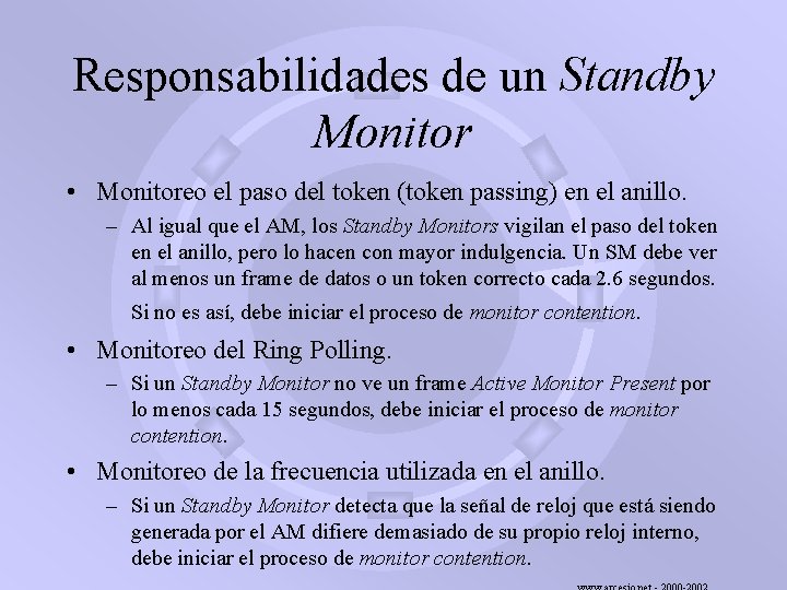 Responsabilidades de un Standby Monitor • Monitoreo el paso del token (token passing) en