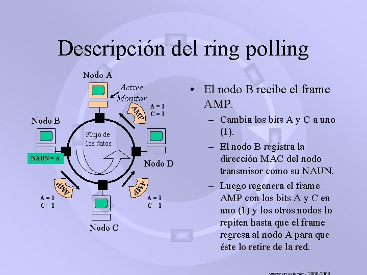 Descripción del ring polling Nodo A Active Monitor AM A=1 C=1 P Nodo B