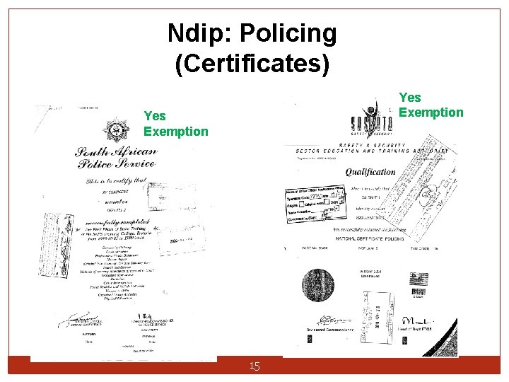 Ndip: Policing (Certificates) Yes Exemption 15 