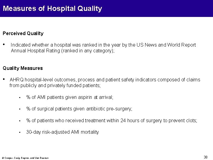 Measures of Hospital Quality Perceived Quality • Indicated whether a hospital was ranked in