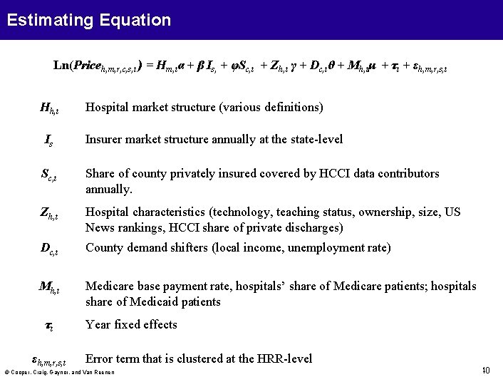 Estimating Equation Ln(Priceh, m, r, c, s, t ) = Hm, tα + β