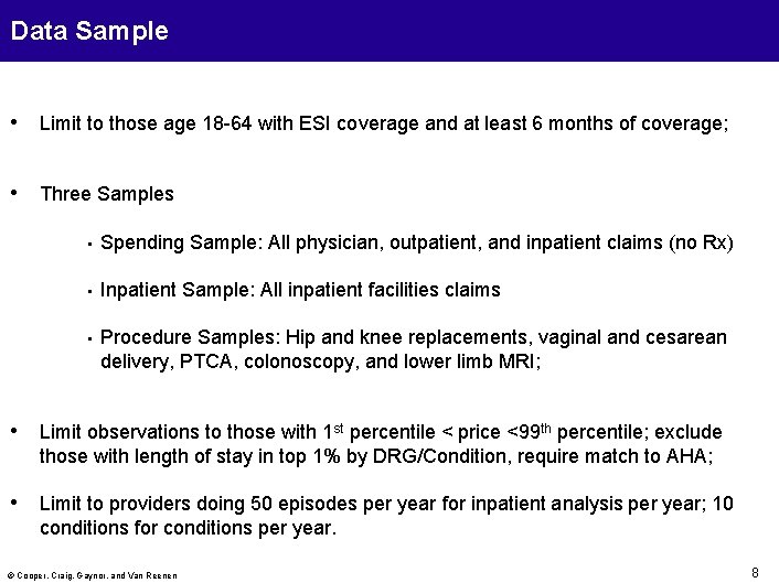 Data Sample • Limit to those age 18 -64 with ESI coverage and at