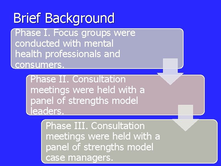 Brief Background Phase I. Focus groups were conducted with mental health professionals and consumers.