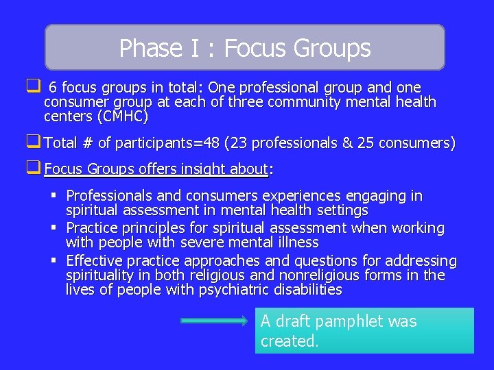Phase I : Focus Groups q 6 focus groups in total: One professional group