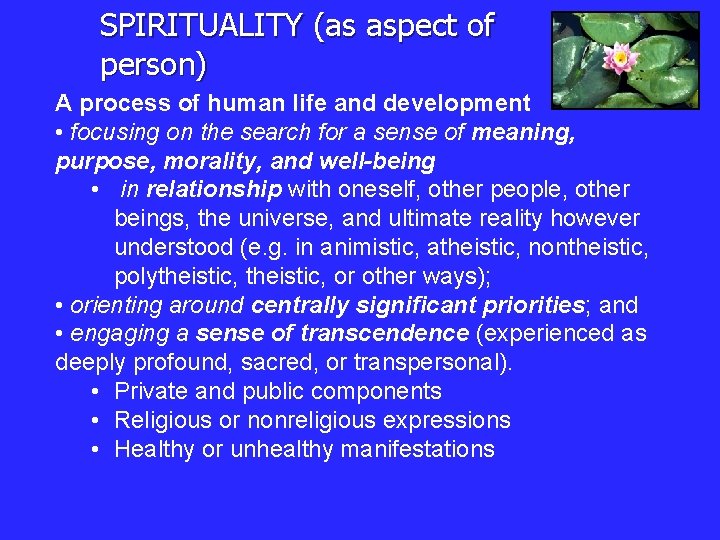 SPIRITUALITY (as aspect of person) A process of human life and development • focusing