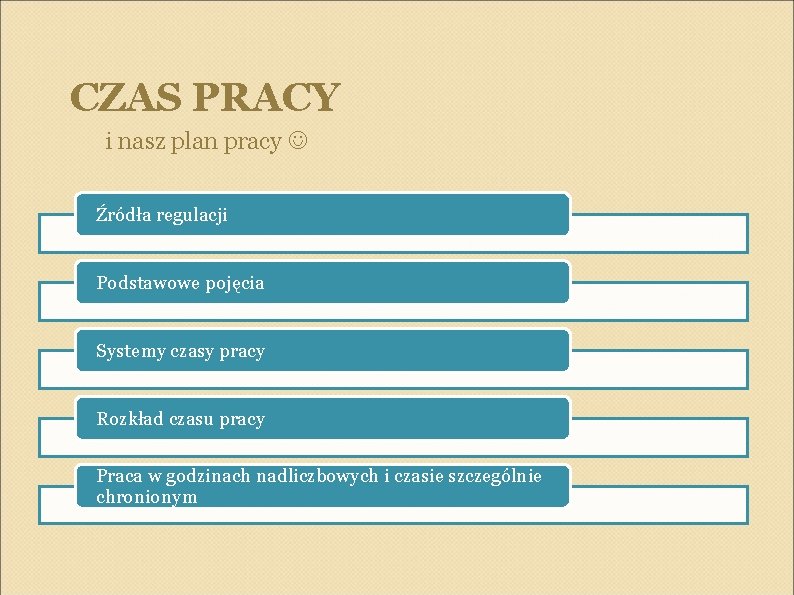CZAS PRACY i nasz plan pracy Źródła regulacji Podstawowe pojęcia Systemy czasy pracy Rozkład