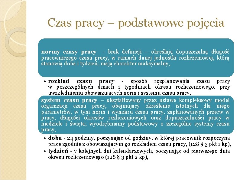 Czas pracy – podstawowe pojęcia normy czasy pracy - brak definicji – określają dopuszczalną