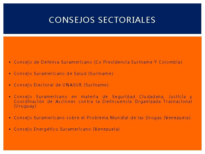 CONSEJOS SECTORIALES § Consejo de Defensa Suramericano (Co Presidencia Suriname Y Colombia ) §