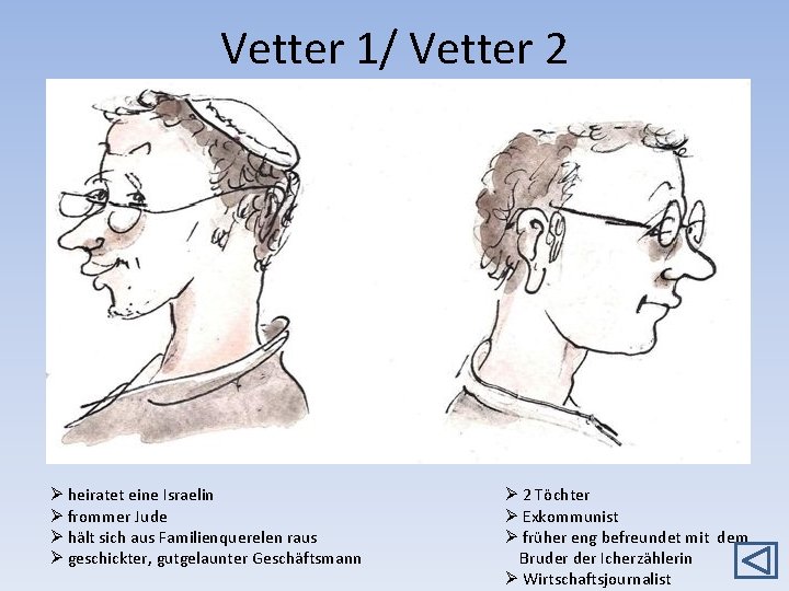 Vetter 1/ Vetter 2 Ø heiratet eine Israelin Ø frommer Jude Ø hält sich