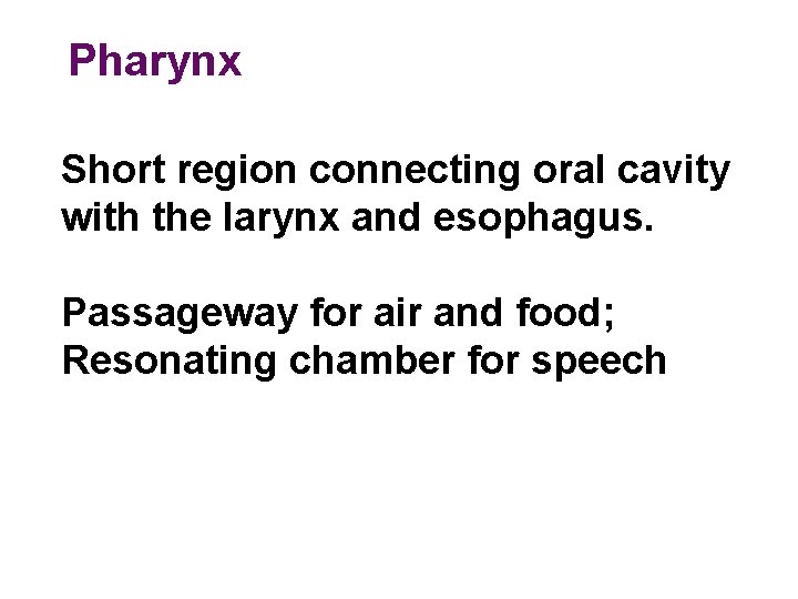 Pharynx Short region connecting oral cavity with the larynx and esophagus. Passageway for air