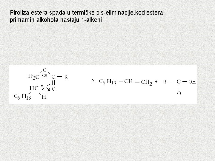 Piroliza estera spada u termičke cis-eliminacije. kod estera primarnih alkohola nastaju 1 -alkeni. 
