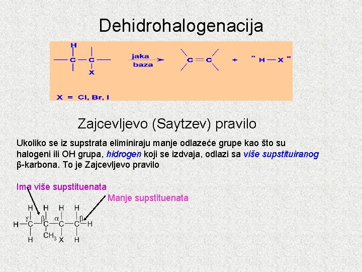 Dehidrohalogenacija Zajcevljevo (Saytzev) pravilo Ukoliko se iz supstrata eliminiraju manje odlazeće grupe kao što