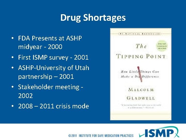 Drug Shortages • FDA Presents at ASHP midyear - 2000 • First ISMP survey