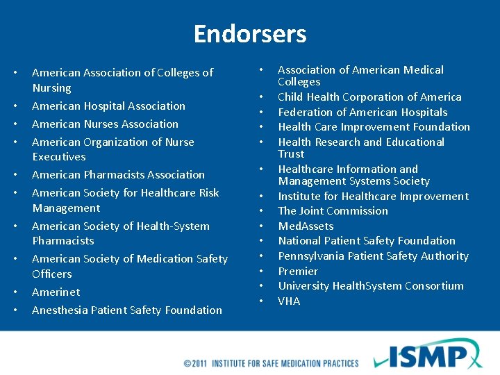 Endorsers • • • American Association of Colleges of Nursing American Hospital Association American