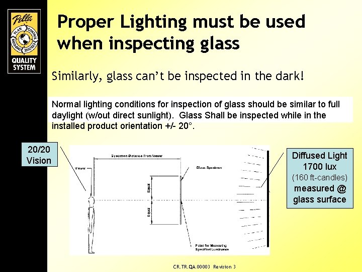 Proper Lighting must be used when inspecting glass Similarly, glass can’t be inspected in