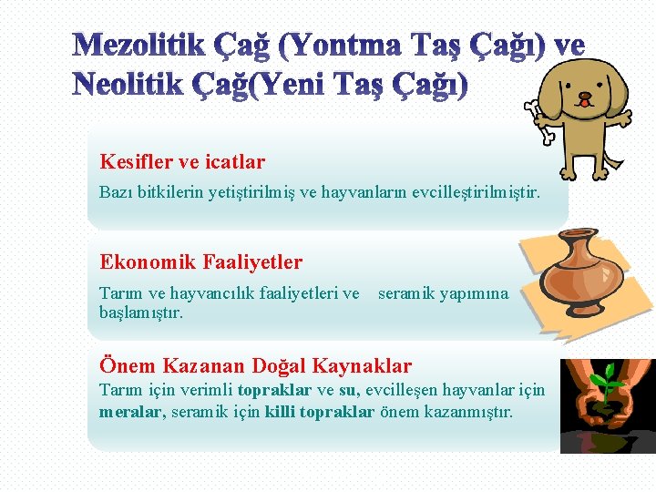 Mezolitik Çağ (Yontma Taş Çağı) ve Neolitik Çağ(Yeni Taş Çağı) Kesifler ve icatlar Bazı