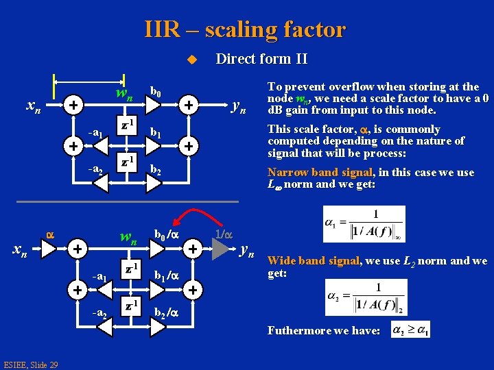 IIR – scaling factor u wn xn -a 1 -a 2 xn a z-1