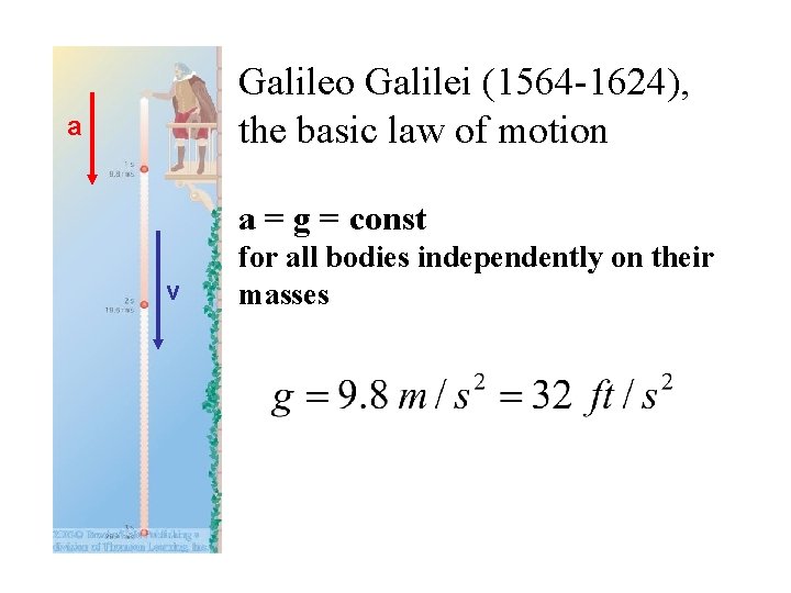 Galileo Galilei (1564 -1624), the basic law of motion a a = g =