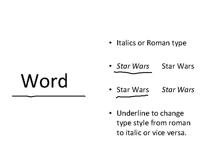• Italics or Roman type Word • Star Wars • Underline to change • Italics or Roman type Word • Star Wars • Underline to change