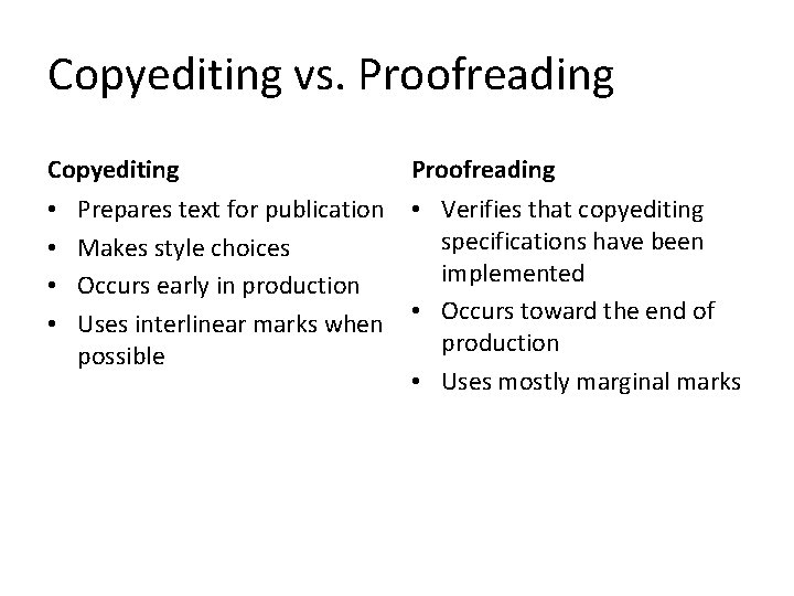 Copyediting vs. Proofreading Copyediting • • Prepares text for publication Makes style choices Occurs Copyediting vs. Proofreading Copyediting • • Prepares text for publication Makes style choices Occurs