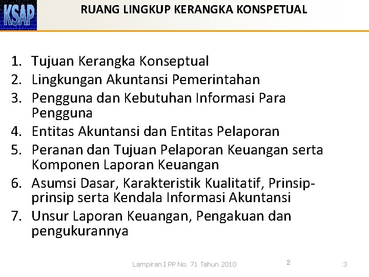 RUANG LINGKUP KERANGKA KONSPETUAL 1. Tujuan Kerangka Konseptual 2. Lingkungan Akuntansi Pemerintahan 3. Pengguna