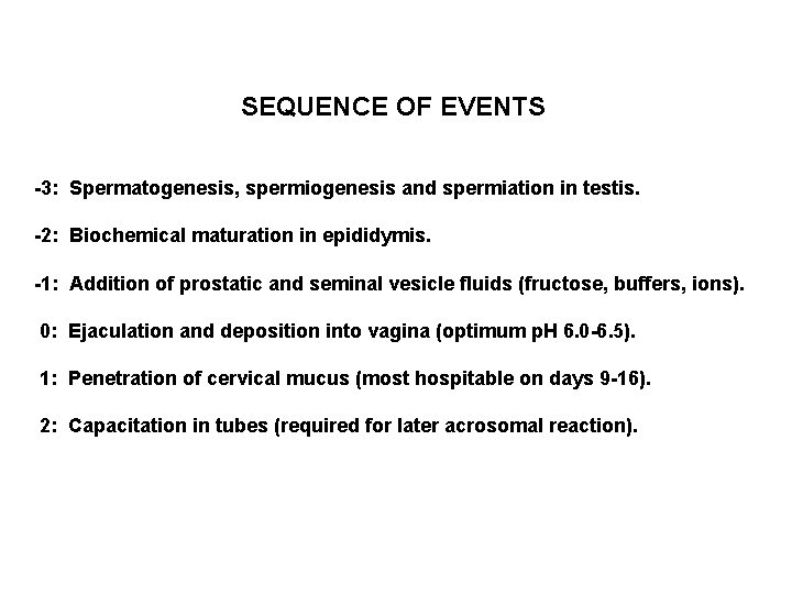 SEQUENCE OF EVENTS -3: Spermatogenesis, spermiogenesis and spermiation in testis. -2: Biochemical maturation in