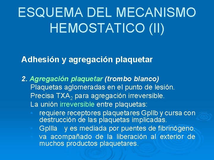 ESQUEMA DEL MECANISMO HEMOSTATICO (II) Adhesión y agregación plaquetar 2. Agregación plaquetar (trombo blanco)