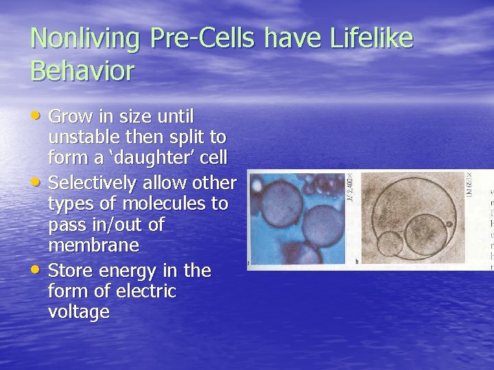 Nonliving Pre-Cells have Lifelike Behavior • Grow in size until • • unstable then