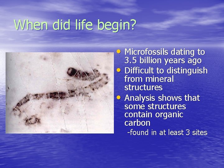 When did life begin? • Microfossils dating to • • 3. 5 billion years