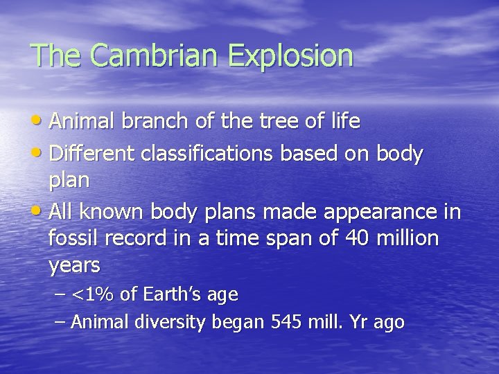 The Cambrian Explosion • Animal branch of the tree of life • Different classifications