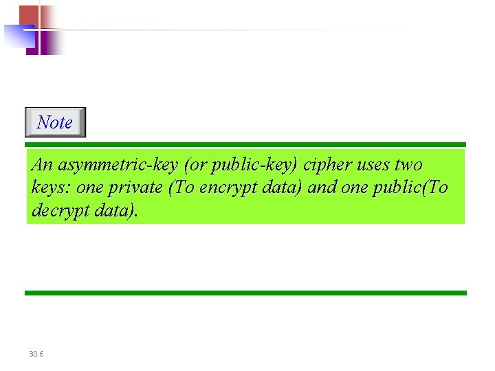 Note An asymmetric-key (or public-key) cipher uses two keys: one private (To encrypt data)